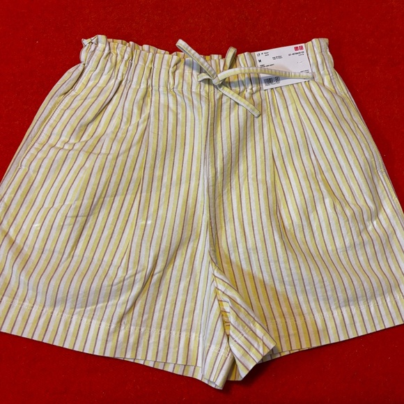 Uniqlo yellow striped cotton linen blend paper bag high rise shorts NWT - Picture 3 of 13
